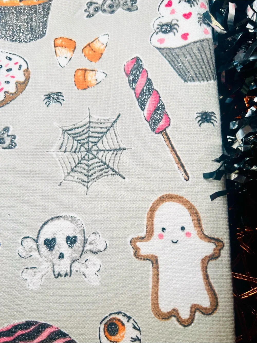 2 Halloween Sweets Kitchen Towels Candy Cookie Ghost Cupcake Donuts Glittered